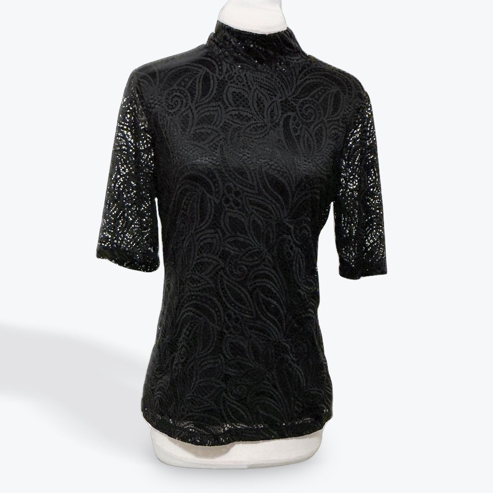 Chicos Black Lace‎ Mock Neck Elbow Sleeve Top Paisley Lined 570377818 NEW - Picture 2 of 10